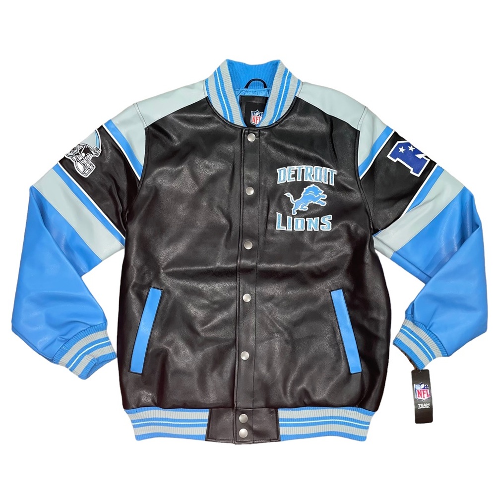 COPY - COPY - G-III Detroit Lions Blue Black Faux Leather Varsity Jacket